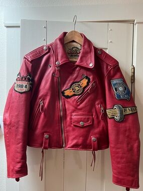Avirex Red Leather Vintage Biker Moto Jacket with Patches